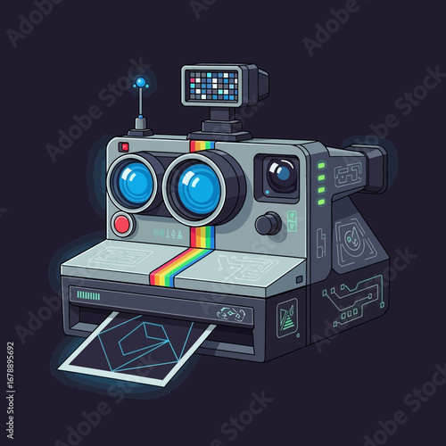 Vintage instant camera with colorful stripe printing a photo.