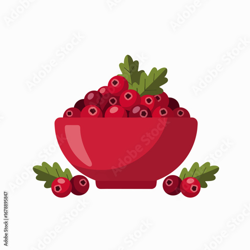 Fresh Cranberries in a Red Bowl with Leaves