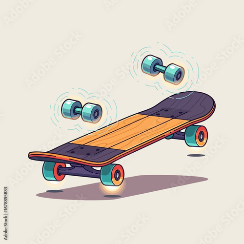 A skateboard with wheels detached floating in air.