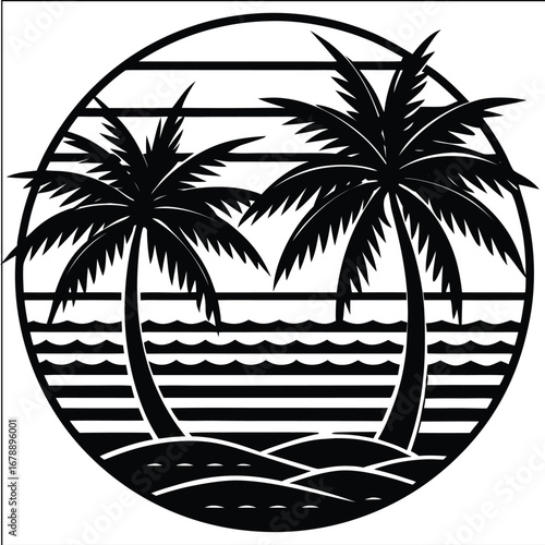 Minimalist outline of palm tree island with rising sun