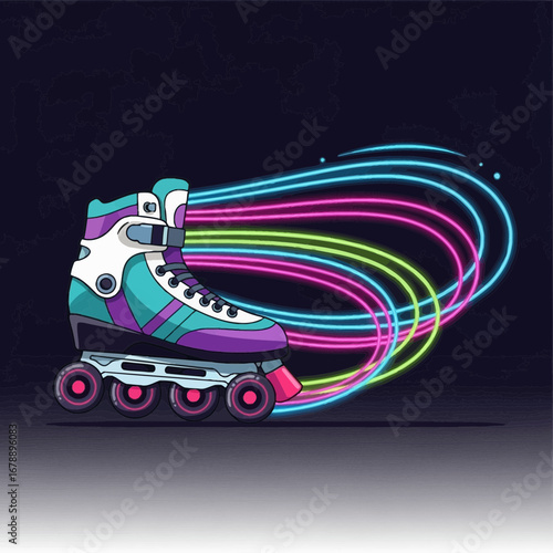 Roller skate with colorful light trails on dark background.