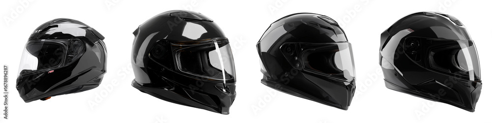 Fototapeta premium Set of glossy black motorcycle helmets in wide-angle shot, professional biker safety gear, shiny protective riding helmet with modern stylish design and sleek finish transparent background
