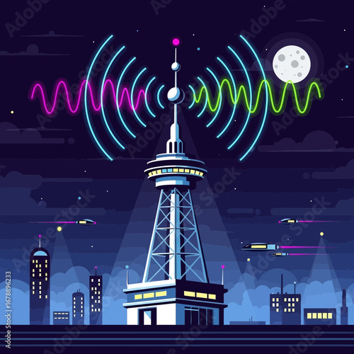 Tall tower broadcasting signals over a city at night.