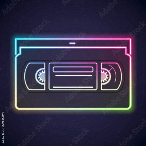 Retro video cassette tape outline with neon glow effect.