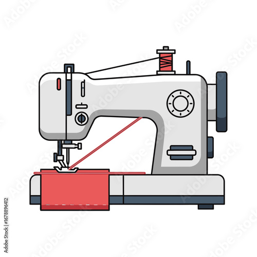 A white sewing machine with red thread and fabric.