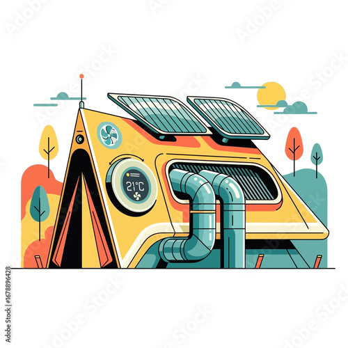 Futuristic eco-friendly dwelling with solar panels and pipes.