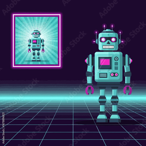 A retro robot stands next to its framed portrait in a neon-lit room.