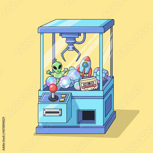 A blue claw machine filled with toys on a yellow background.