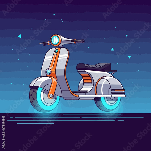 Futuristic scooter illuminated against a starry night sky.
