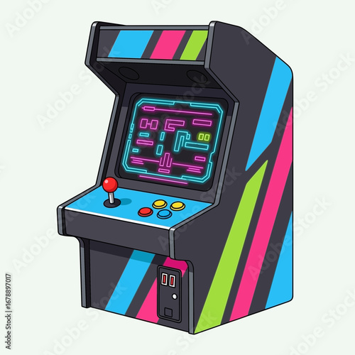 Retro arcade game machine with colorful diagonal stripes.