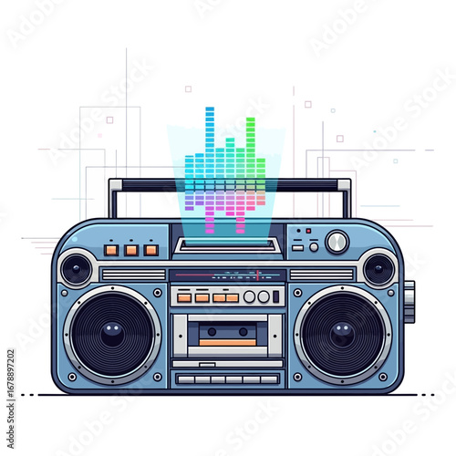 Retro boombox emitting colorful sound waves against a white background.