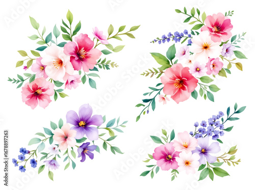  Set of watercolor floral bouquets with pink and purple flowers, isolated on a transparent background.

