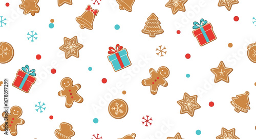 Festive Christmas gingerbread cookies, gifts, and holiday elements on a bright white background