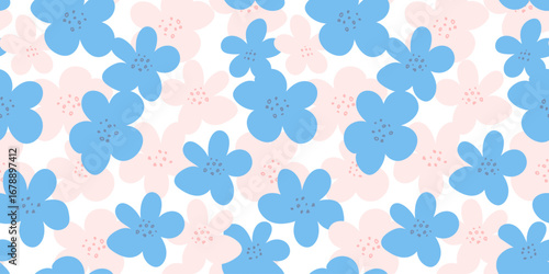 Seamless vector floral pattern with blue and pastel pink flowers on a white background. Soft hand drawn style for spring fabric, kids design, wallpaper, and wrapping