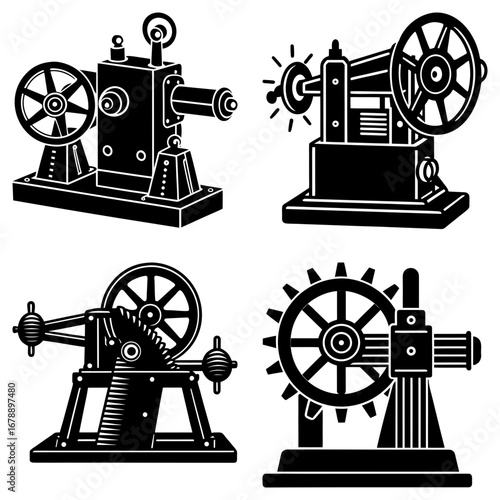 Illustration showing four different vintage machines with gears and wheels in a black and white style art