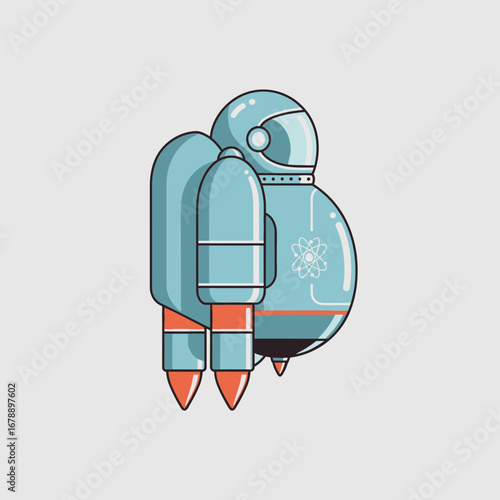 Astronaut with jetpack flying against a plain background.