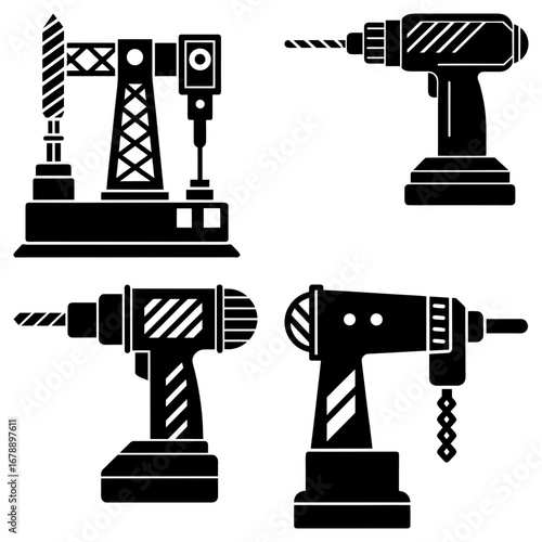 Illustration showcasing a variety of different drill types and drilling machine in solid black color