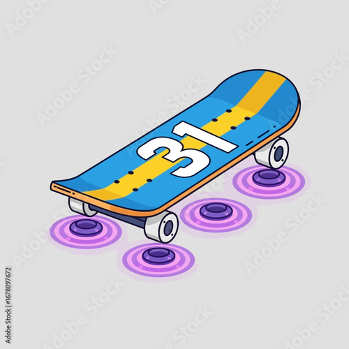 Blue skateboard with yellow stripe and number 31 on grey background.