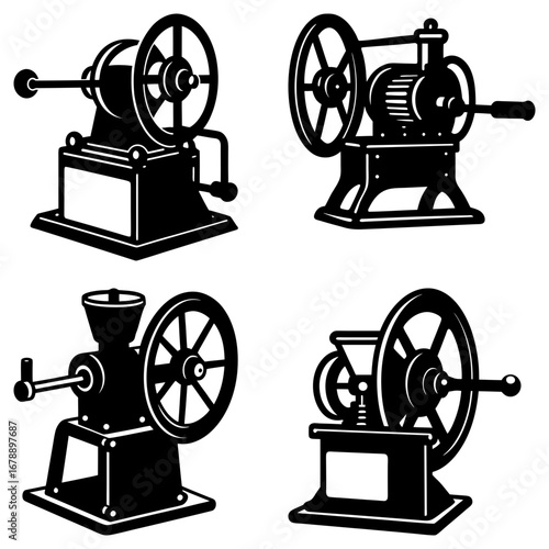 Collection of four vintage coffee grinders with wheels and crank handles in black and white style