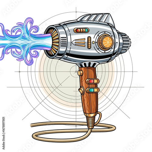 Retro futuristic device emitting blue energy beam.