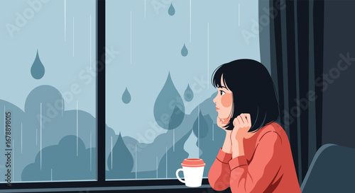 Pensive woman watching rainfall with coffee indoors, reflecting on life challenges and seeking inspiration