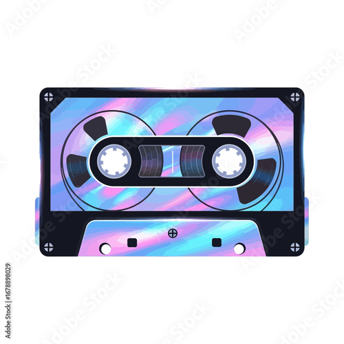 Holographic cassette tape with colorful swirling patterns.