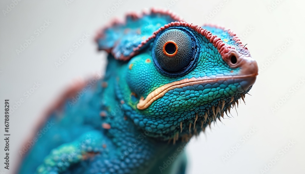 Obraz premium Macro photography captures vibrant blue chameleon in studio setting. Detailed illustration highlights reptile textured scales, large eye, unique facial features. Exotic creature displays amazing,