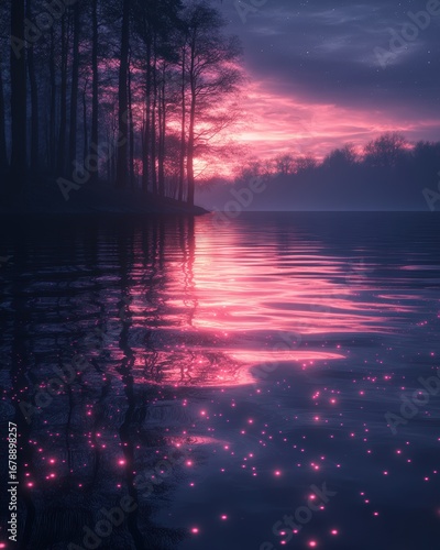 Twilight Glow on a Mystical Lake twilight lake mystical sunset water forest trees reflection sky night magic glowing particles light pink purple blue dark serene peaceful dreamlike enchanting fantasy