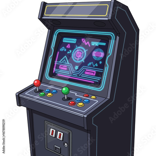 Vintage arcade game machine with glowing screen and controls.