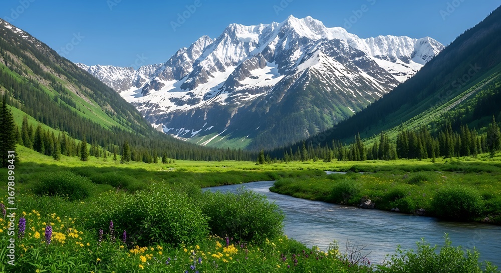 Fototapeta premium Mountain Valley River Meadow Landscape.