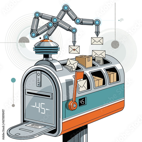 Robotic arms sort mail into a futuristic mailbox with compartments.