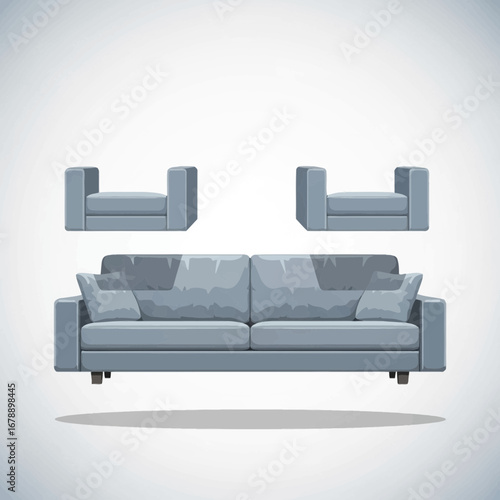 Blue sofa with two armchairs floating above it.
