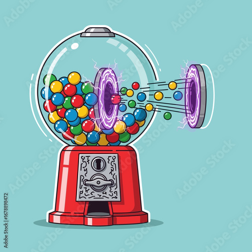 Gumball machine dispensing colorful candy against a blue background.