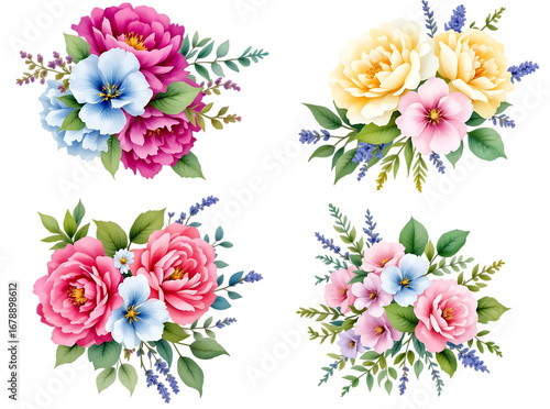 Set of colorful floral watercolor bouquets with peonies and roses, isolated on a transparent background.

