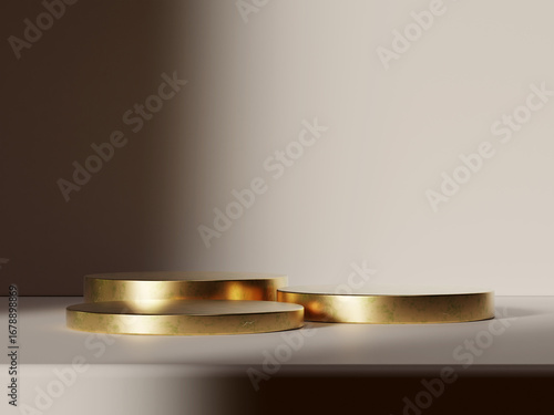Modern gold podium mockup for high-end product showcasing with minimalist backdrop.