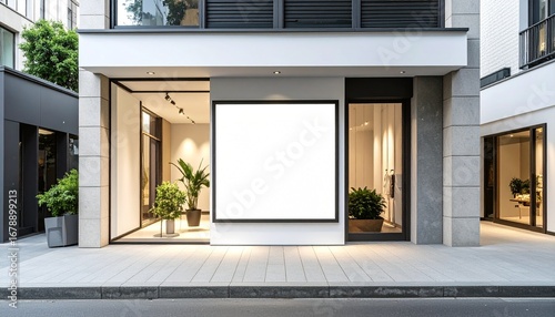 Blank square sign mockup on a modern retail store facade for advertising and branding display on a city street