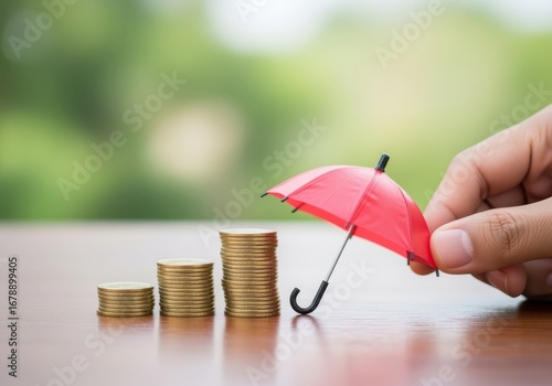 Wallpaper Mural Stacks of coins under red umbrella symbolizing savings, financial security, insurance, and money protection. Torontodigital.ca