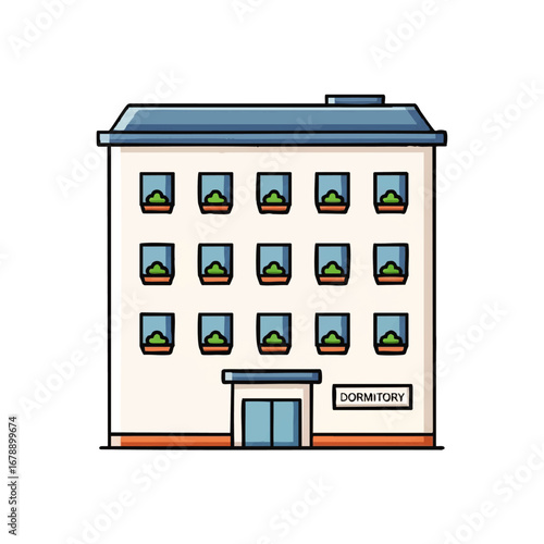 Modern dormitory building with plants in windows, perfect for back to school or campus life designs