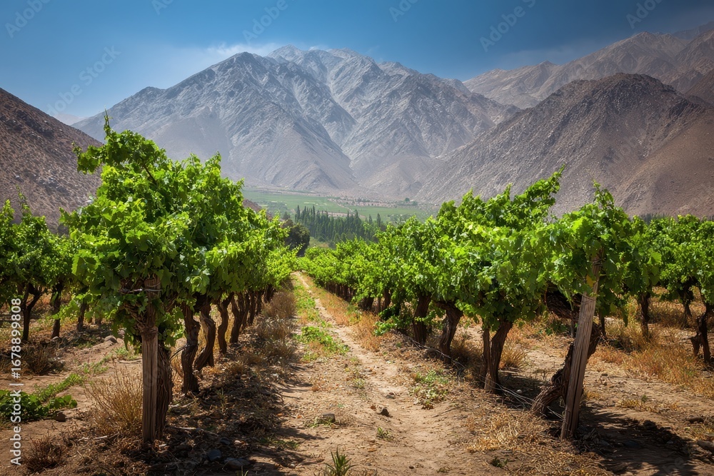 Naklejka premium Chile Vineyard. Beautiful Spring Vineyard in Elqui Valley of Andes, Agriculture Industry in Latin America