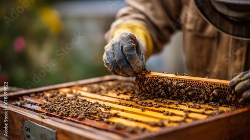 Bee keeper inspects honeycomb frames during a sunny day on a farm using sustainable farming practices