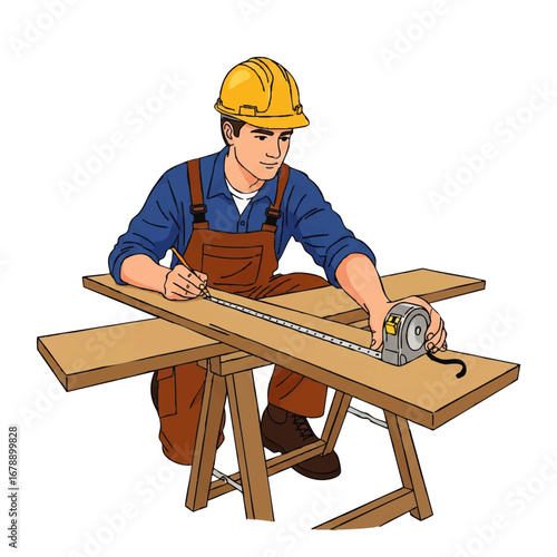 Craftsman measures wood with tape for project construction plans in workshop, safety first with hard hat