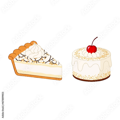 Indulge in delicious dessert with creamy coconut pie and sweet cherry topped cake for delightful treat