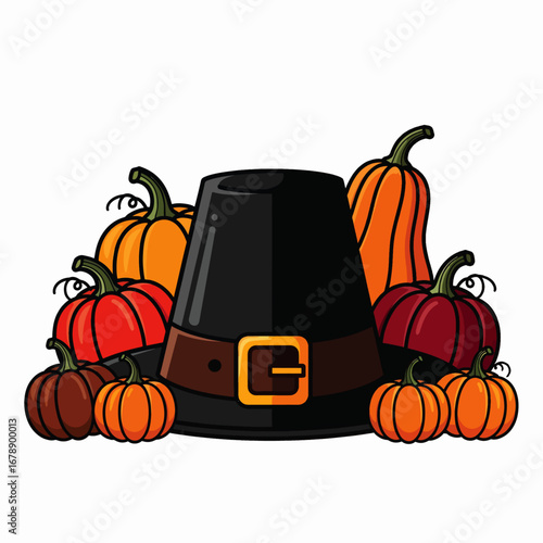 Pilgrim Hat Surrounded by Pumpkins on Thanksgiving