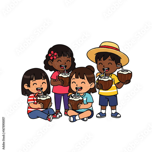 Happy diverse kids enjoying refreshing coconut drinks together on a bright sunny day, perfect for summer fun