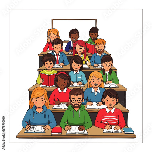 Diverse students learning together in a lecture hall ready to ace their exams and build bright futures