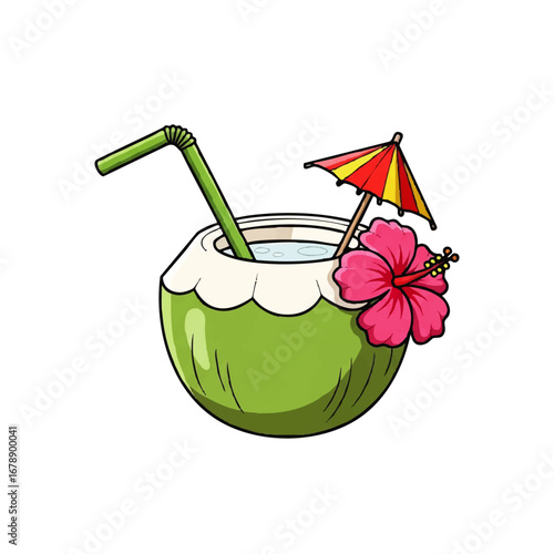 Enjoy a refreshing tropical escape with this vibrant coconut drink adorned with a hibiscus and umbrella
