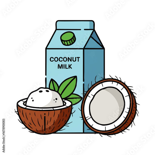 Enjoy refreshing coconut milk from carton with coconut half, a delicious vegan and dairy free drink