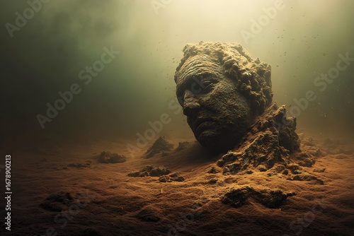 Submerged Stone Head: An enigmatic underwater statue, a serene moment captured in a dark, mysterious depth.