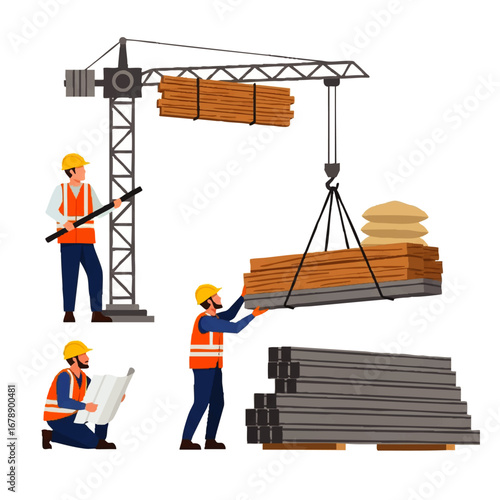 Construction workers with crane lifting materials, a vibrant illustration for building and development projects
