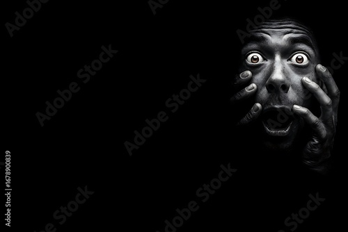 A terrified man's face emerges from the darkness, his expression filled with shock and fear.